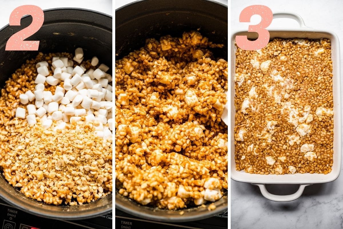 On the left: stirring in puffed rice and marshmallows into melted marshmallow and peanut mixture. On the right: pouring mixture into pan.