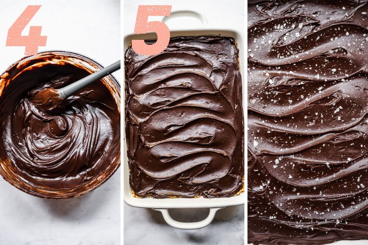On the left: melting the ganache. On the right: pouring ganache over chilled rice krispie mixture.