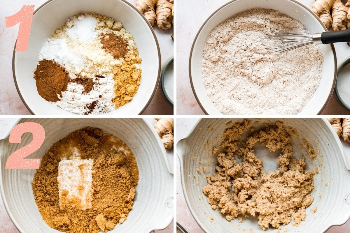 Up top: dry ingredients being stirred together. On the bottom: Cream the butter and sugar.