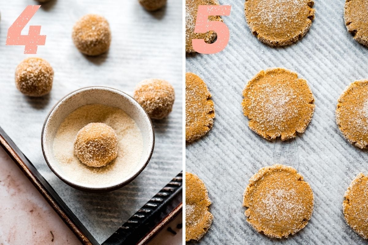 On the left: rolling dough balls in sugar. On the right: pressing out balls into cookie shapes.