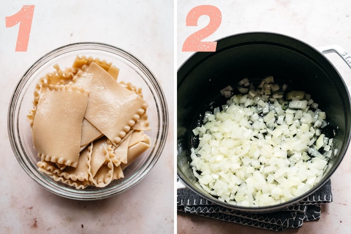 On the left: noodles after cooking. On the right: onions and garlic beginning to cook.