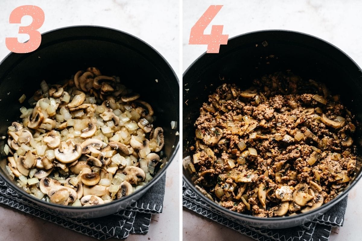 On the left: mushrooms and onions cooking in a pot. On the right: plant based meat and spices cooking with the onions.