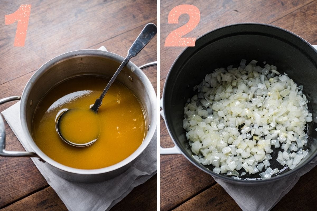 On the left: vegetable broth in a saucepan. On the right: Onions starting to sauté.