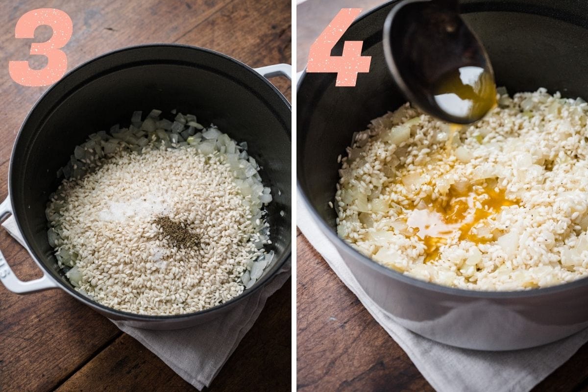 On the left: adding rice to onions. On the right: adding broth to the rice and onions.
