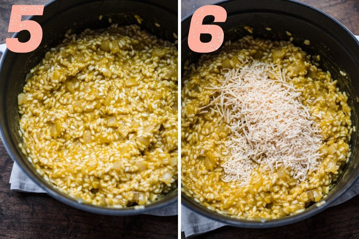 On the left: rice after absorbing liquid. On the right: stirring in vegan parmesan.