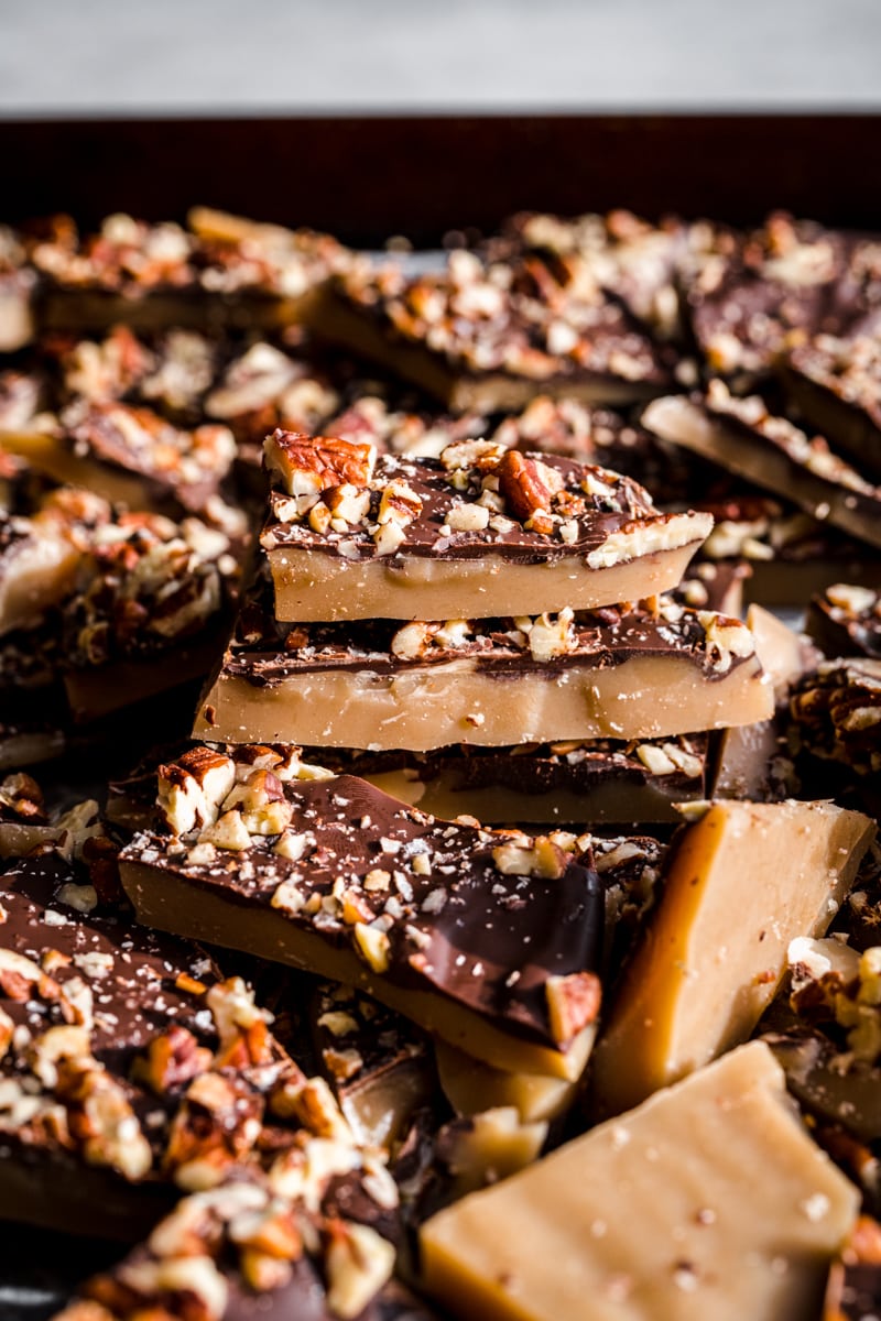 Front view of broken up pieces of vegan toffee.