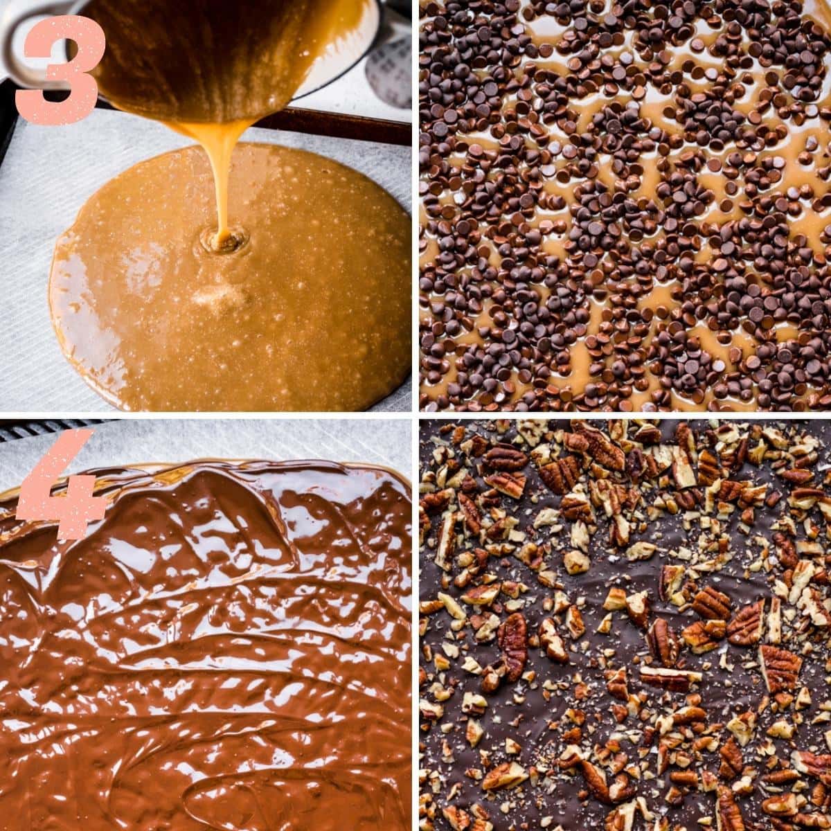 On the top: pouring caramel onto a sheet pan and then sprinkling chocolate chips over it. On the bottom: spreading out chocolate then adding nuts and salt.