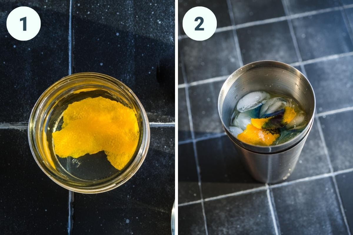 On the left: orange rind in simple syrup. On the right: ingredients for blue lagoon mocktail in cocktail shaker. 