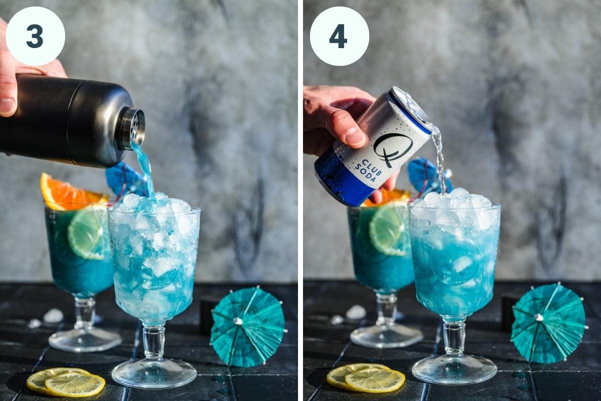 Pouring blue lagoon mocktail into glass and topping off with club soda. 