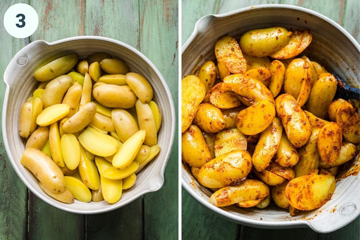 On the left: potatoes in a bowl. On the right: potatoes coated with cajun seasoning.