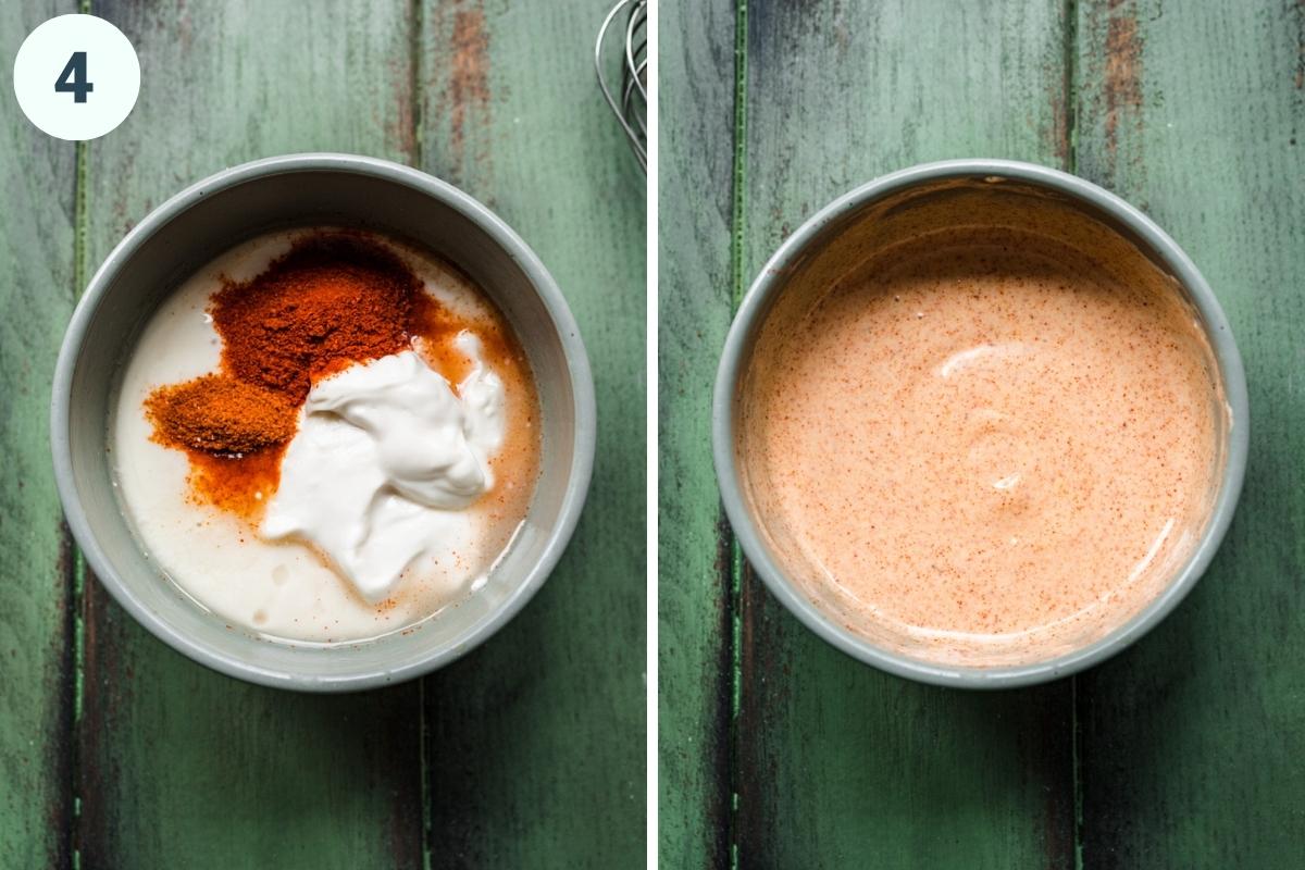 On the left: dip ingredients before stirring together. On the right: dip ingredients after stirring.