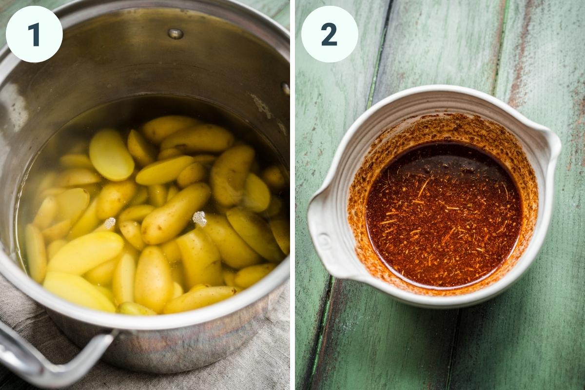 On the left: cooking the potatoes. On the right: sauce after being stirred together.