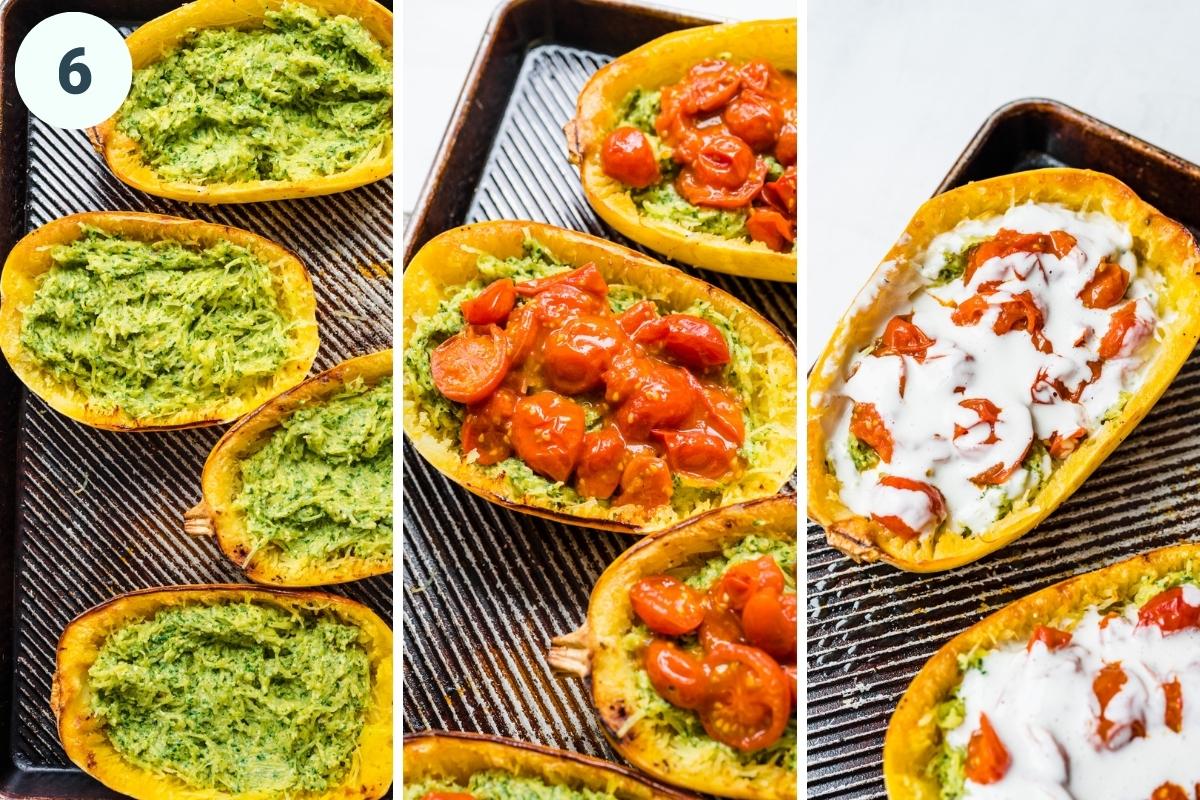 stuffing spaghetti squash with pesto, tomatoes and mozzarella cheese before baking. 