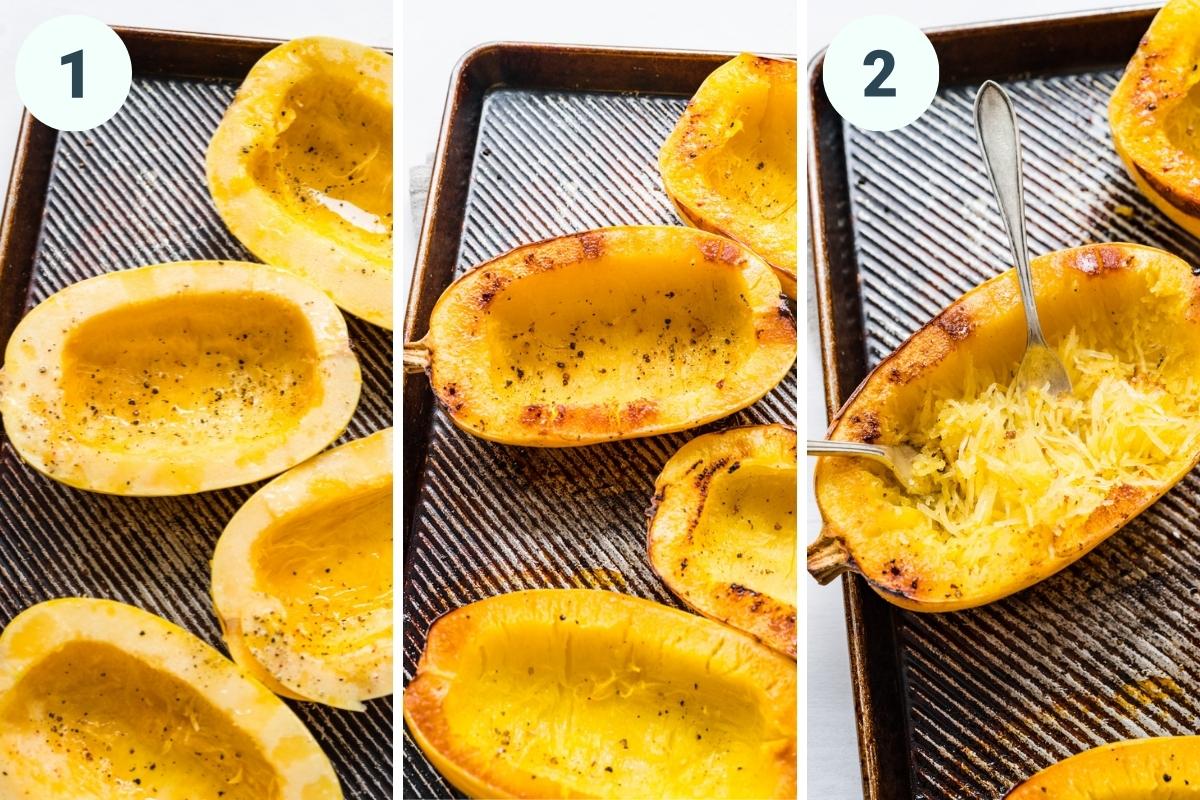 Before and after roasting spaghetti squash on a sheet pan.