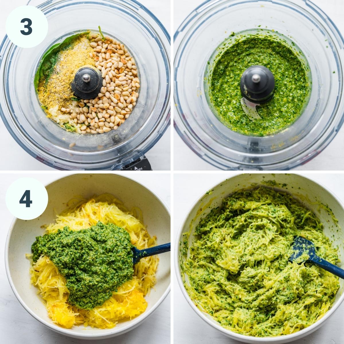 on the top: pesto in food processor. on the bottom: pesto mixed with spaghetti squash.