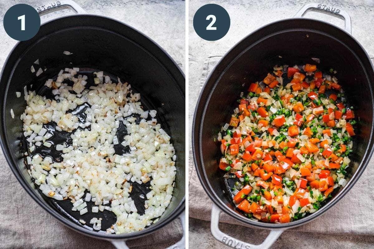 on the left: sautéed onions in large pot. on the right: sautéed onions and peppers in large pot. 