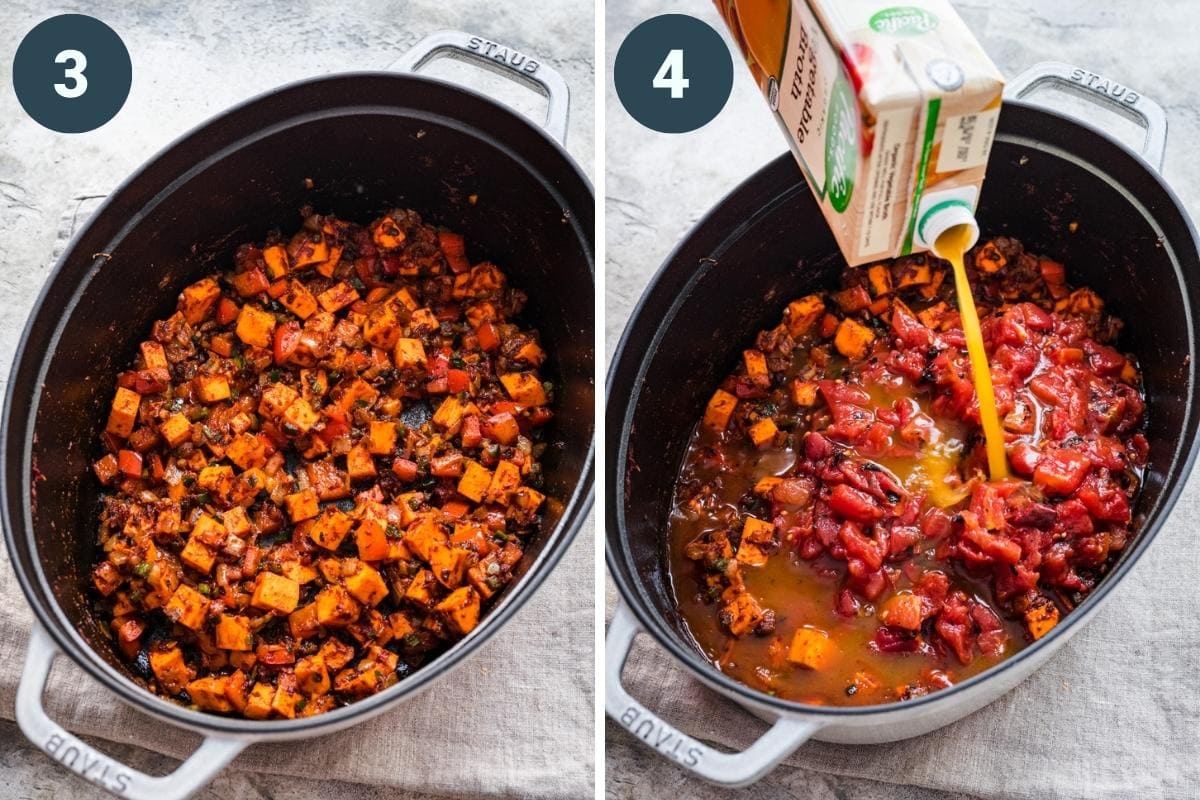 Before and after adding vegetable broth and tomatoes to sweet potato chili base. 