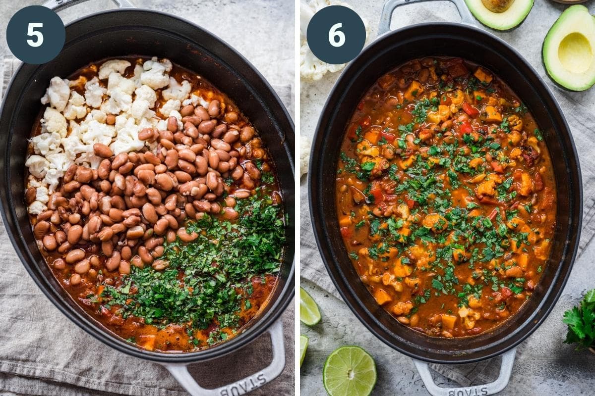 on the left: adding cauliflower, pinto beans and cilantro to chili. on the right: finished cauliflower chili in pot. 