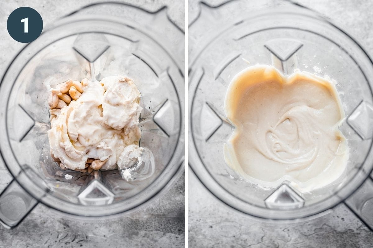 On the left: filling ingredients in a blender before blending. On the right: after blending.