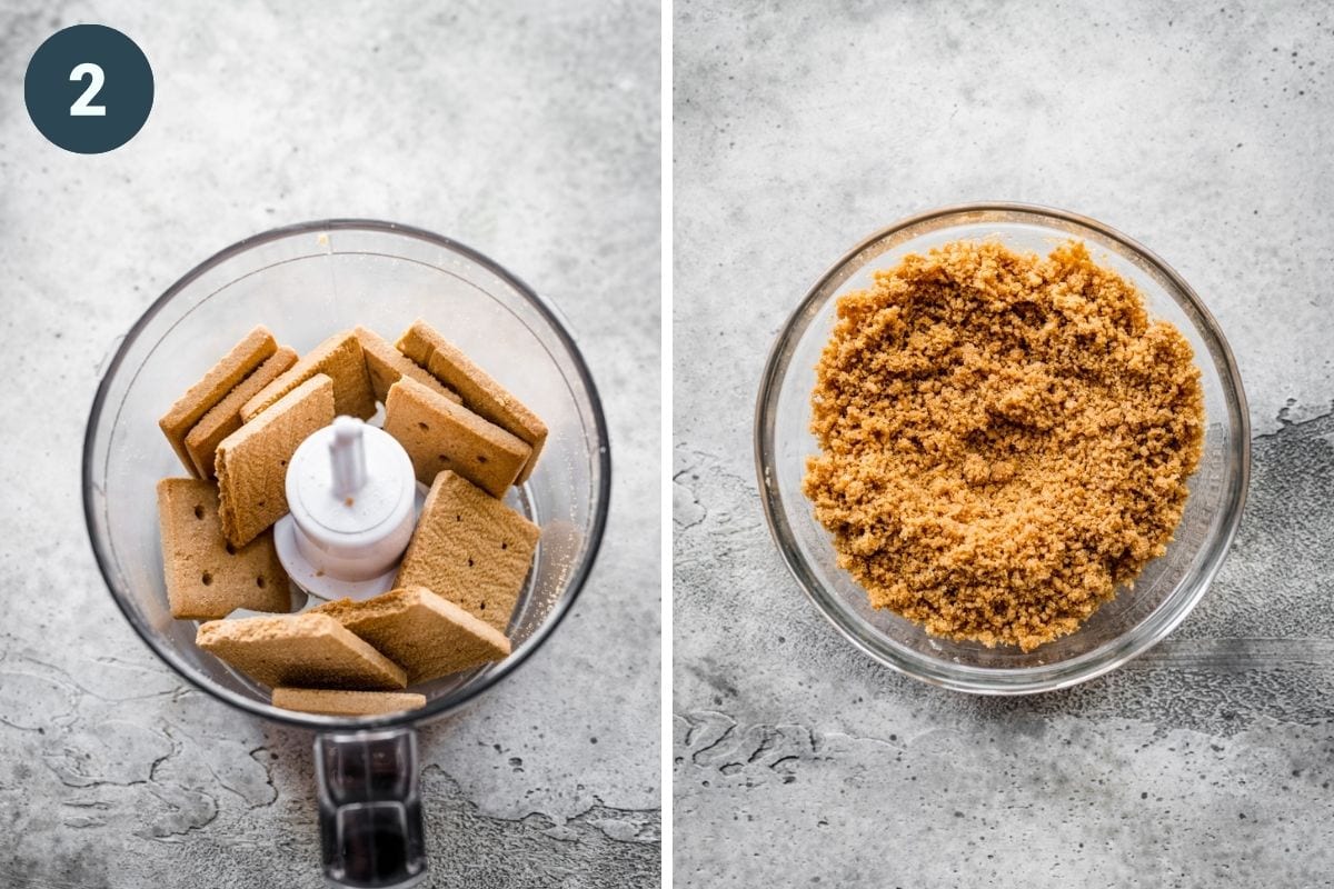 On the left: graham crackers in a food processor. On the right: graham crackers after blending and mixing in the butter.