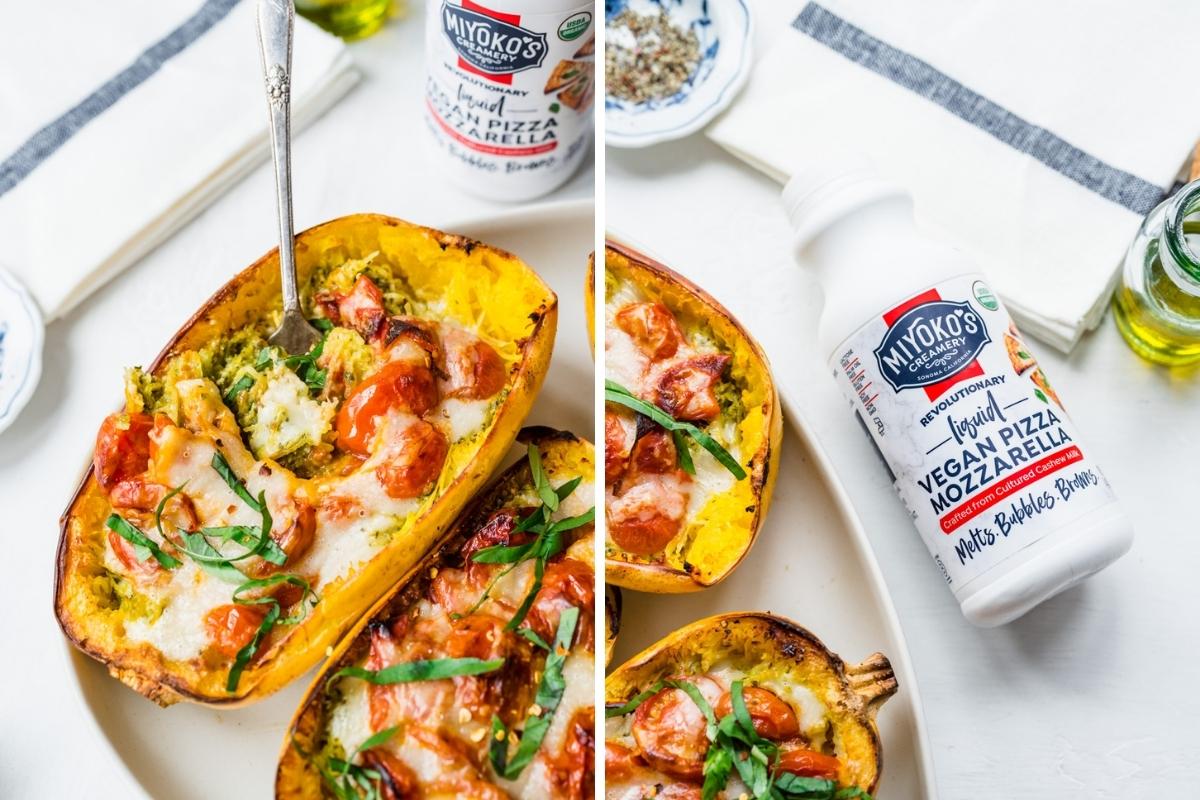 close up view of pesto caprese spaghetti squash and Miyoko's Liquid vegan pizza mozzarella bottle. 