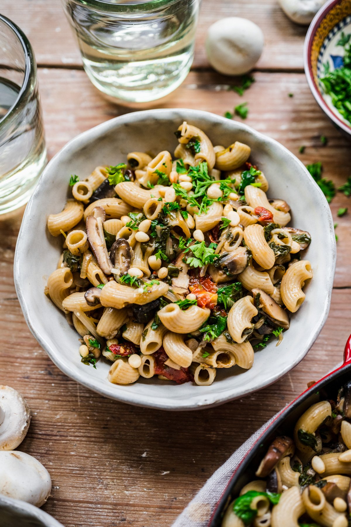 Close up view of vegan mushroom pasta in a bowl. 