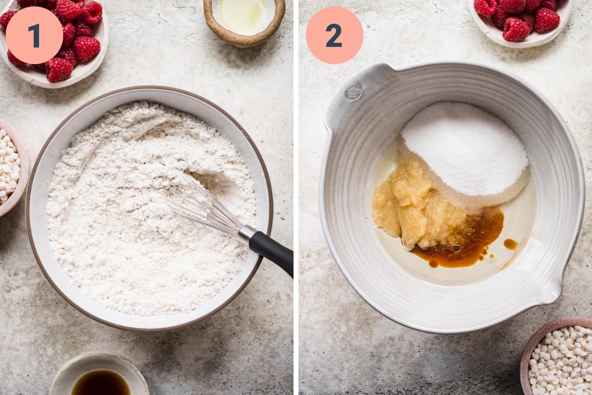 On the left: dry ingredients stirred together. On the right: wet ingredients in a bowl.