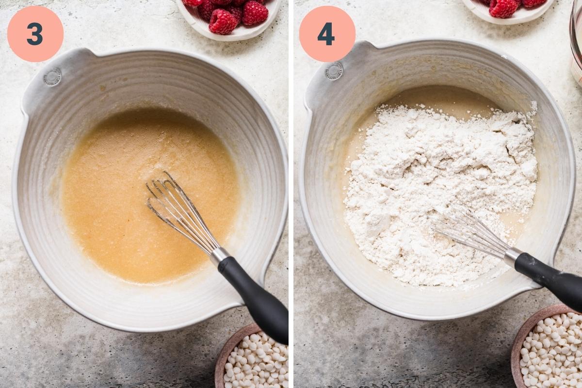 On the left: wet ingredients stirred together. On the right: adding dry ingredients into the wet.