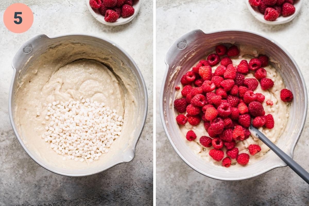 On the left: white chocolate chips being stirred in. On the right: mixing raspberries in.