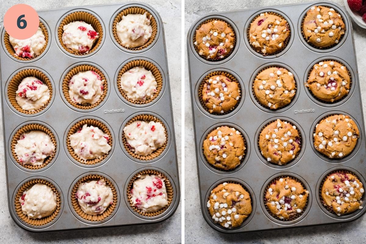 On the left: raw dough in muffin tins. On the right: muffins after baking.