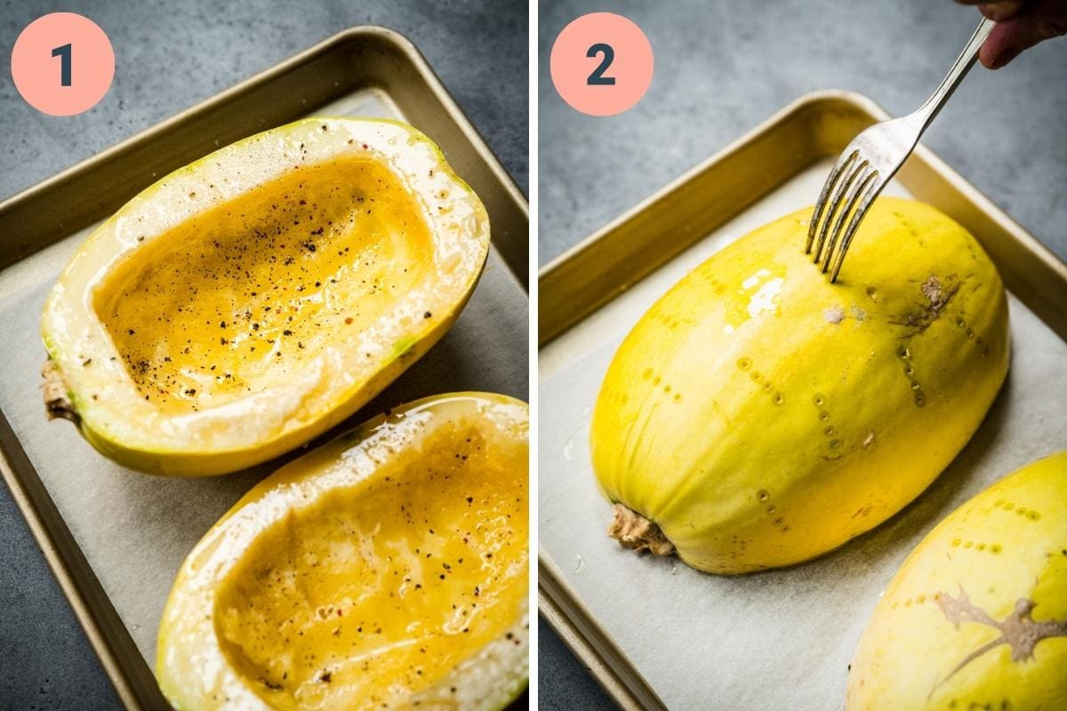 Spaghetti squash on baking sheet before going in oven. 