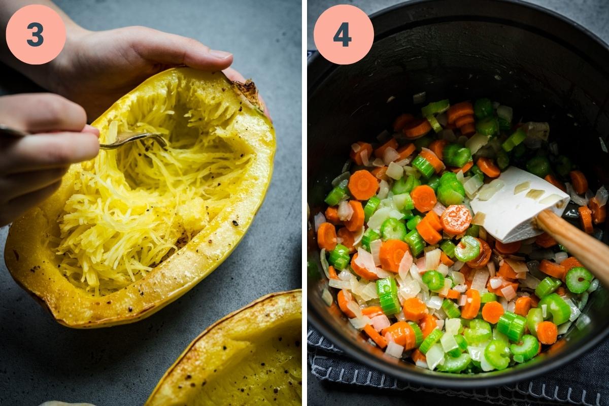 On the left: scooping out spaghetti squash. On the right: sautéed vegetables in soup pot. 