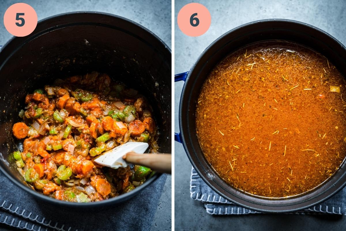 Before and after adding broth to base of spaghetti squash soup. 