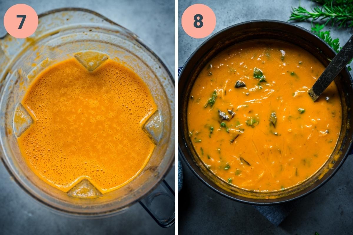 On the left: spaghetti squash soup broth in blender. On the right: finished soup in pot. 