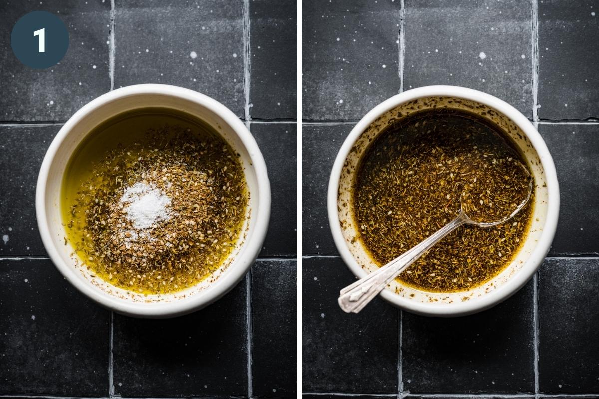 before and after stirring together za'atar, olive oil and salt. 