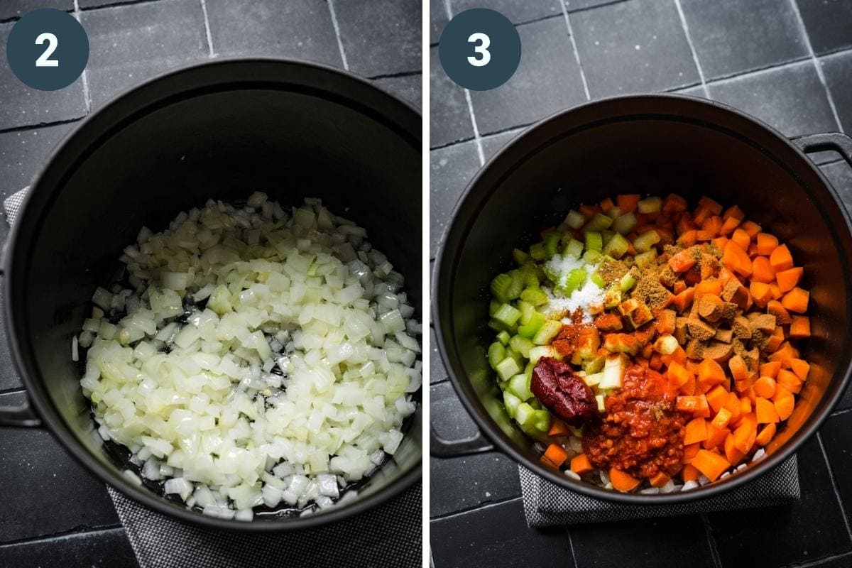 on the left: sauteed onions in pot. on the right: added in spices, carrots and celery to pot. 