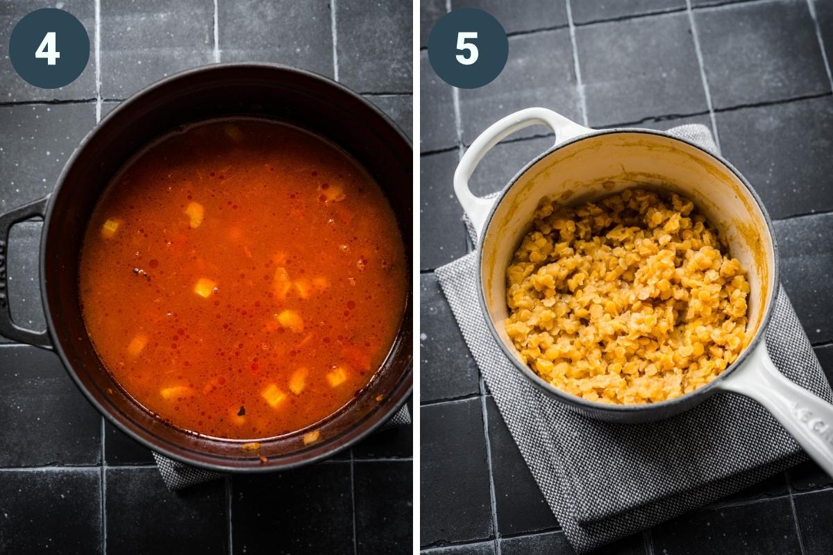 on the left: spicy carrot and lentil soup in pot. on the right: cooked red lentils in small pot. 