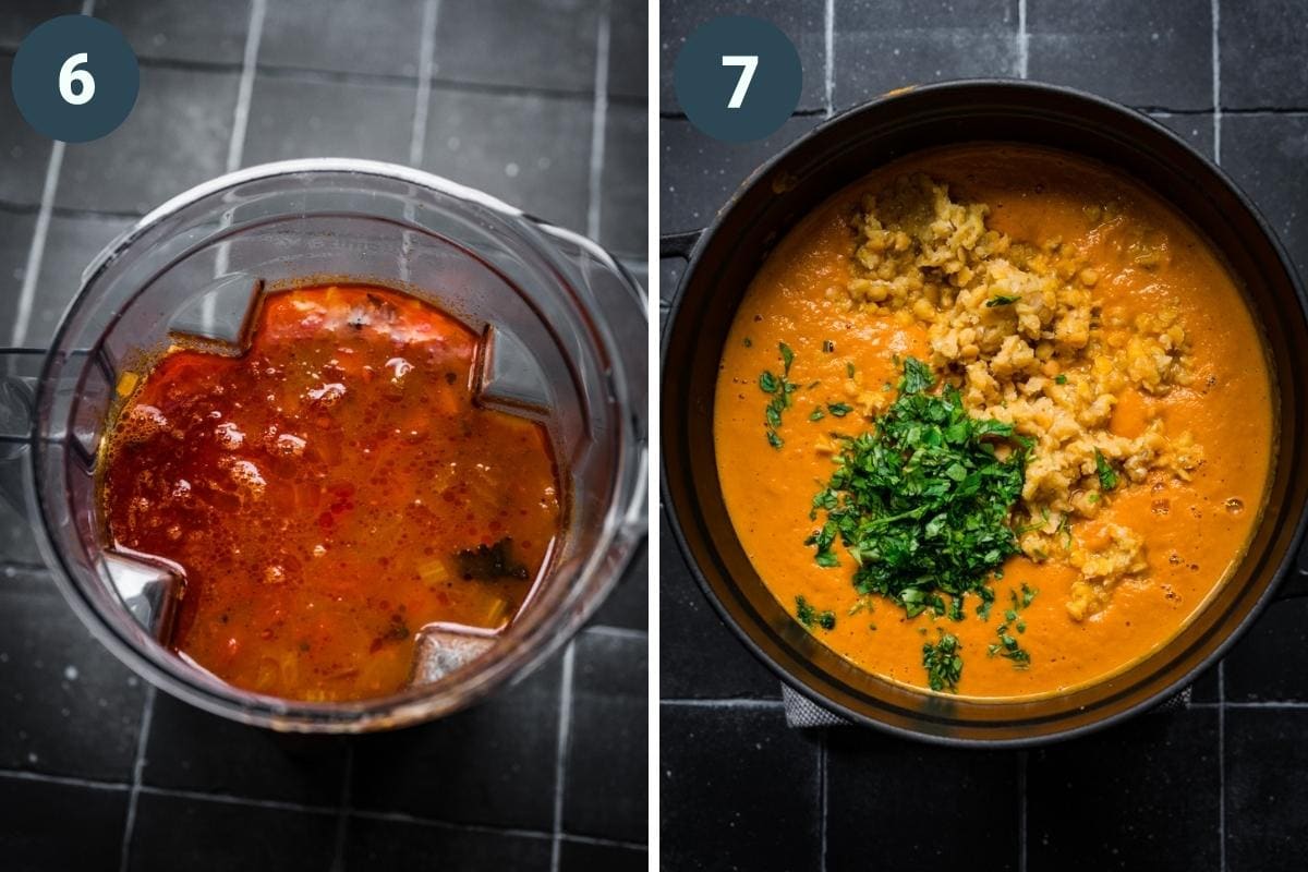 on the left: soup in blender. on the right: pureed soup in pot with lentils and cilantro. 
