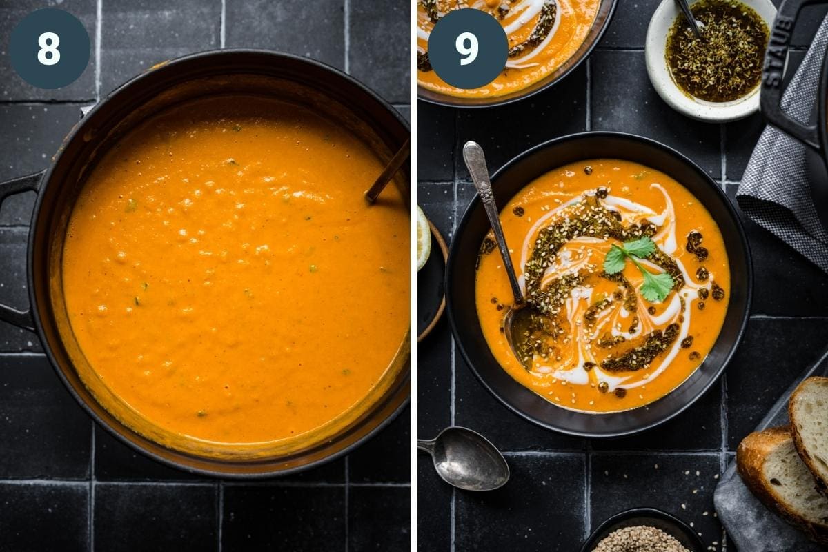 Lentil carrot soup in a pot and after serving in a bowl with za'atar oil. 