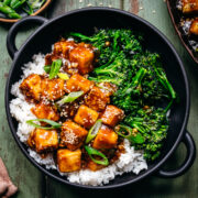 Overhead view of tofu teriyaki in a bowl.