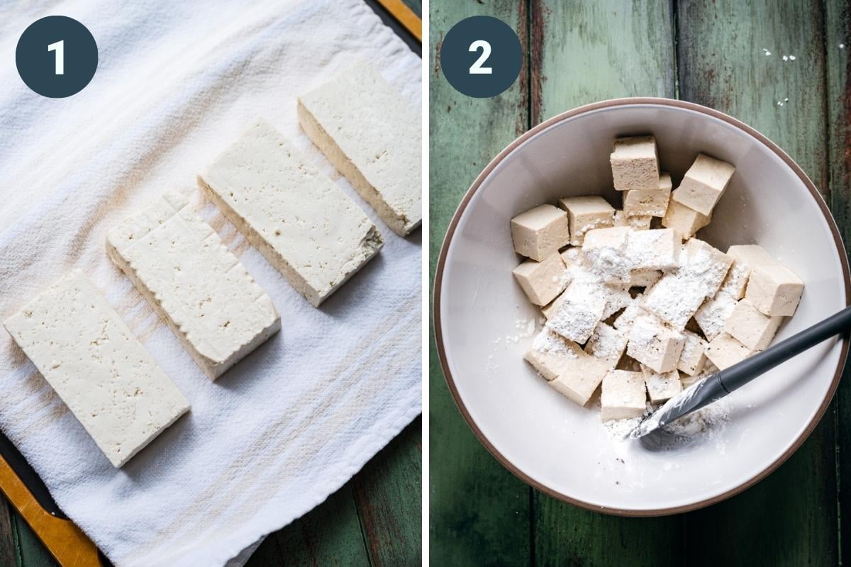 On the left: tofu after pressing. On the right: tofu in a bowl.