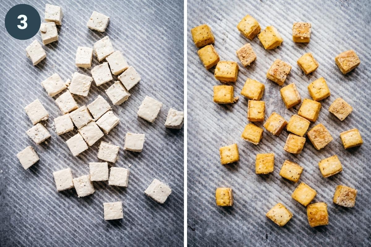 Tofu on a sheet pan before and after baking.