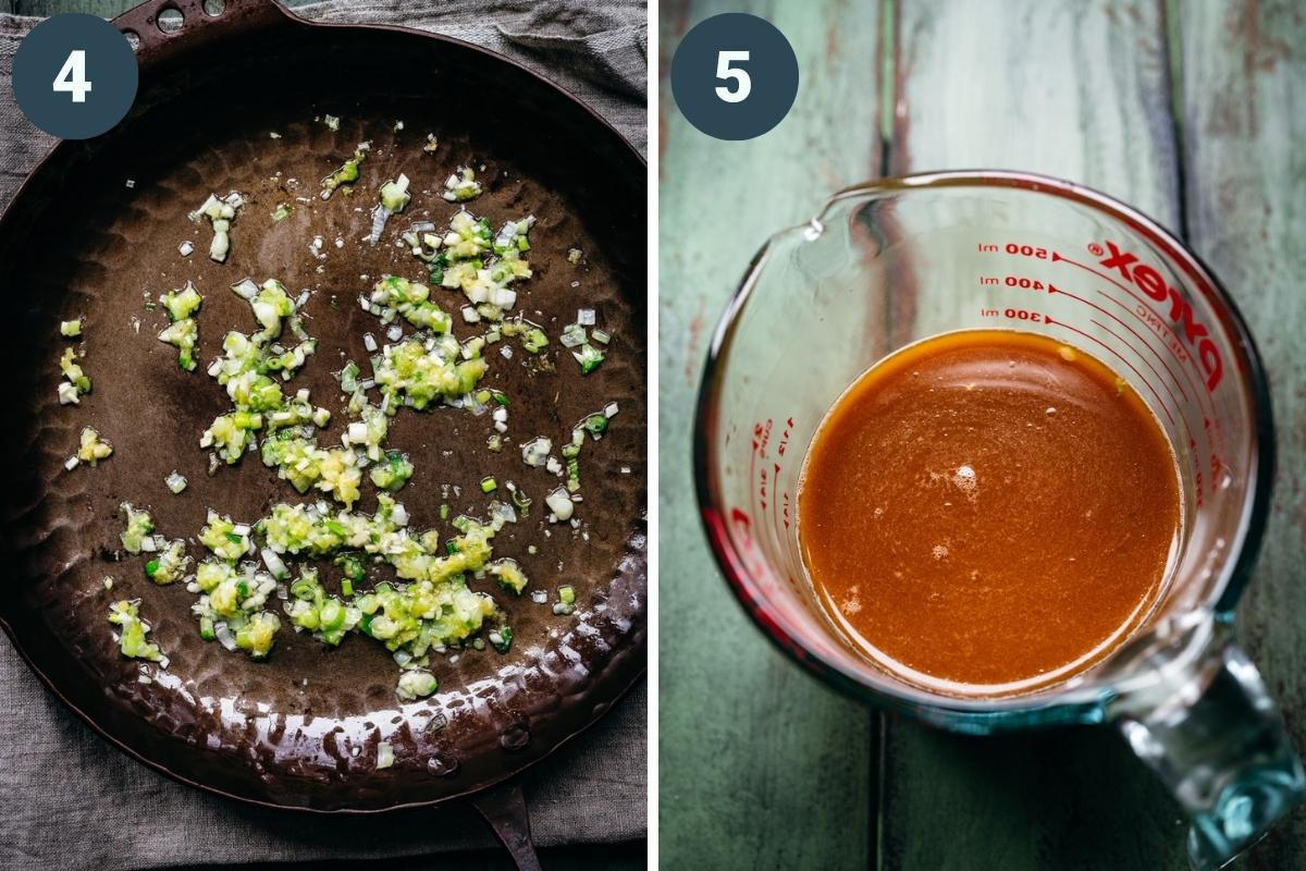 On the left: scallions sautéing in a pan. On the right: sauce after being whisked together.