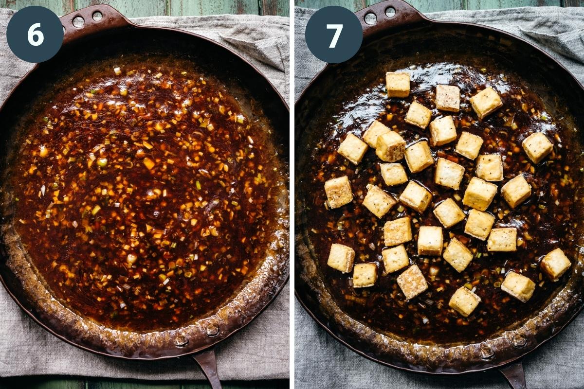 On the left: sauce after adding it to the pan. On the right: tofu added to the pan.