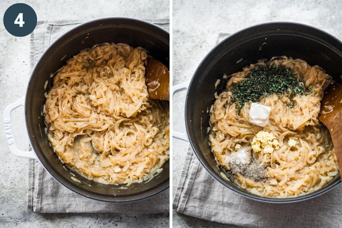 Side by side photos of butter and spices being added to the pot.