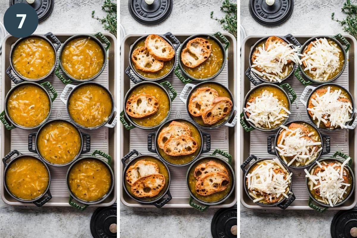 On the left: soup in individual cocottes. In the middle: bread added to the soup. On the right: cheese added to the top of the soup.