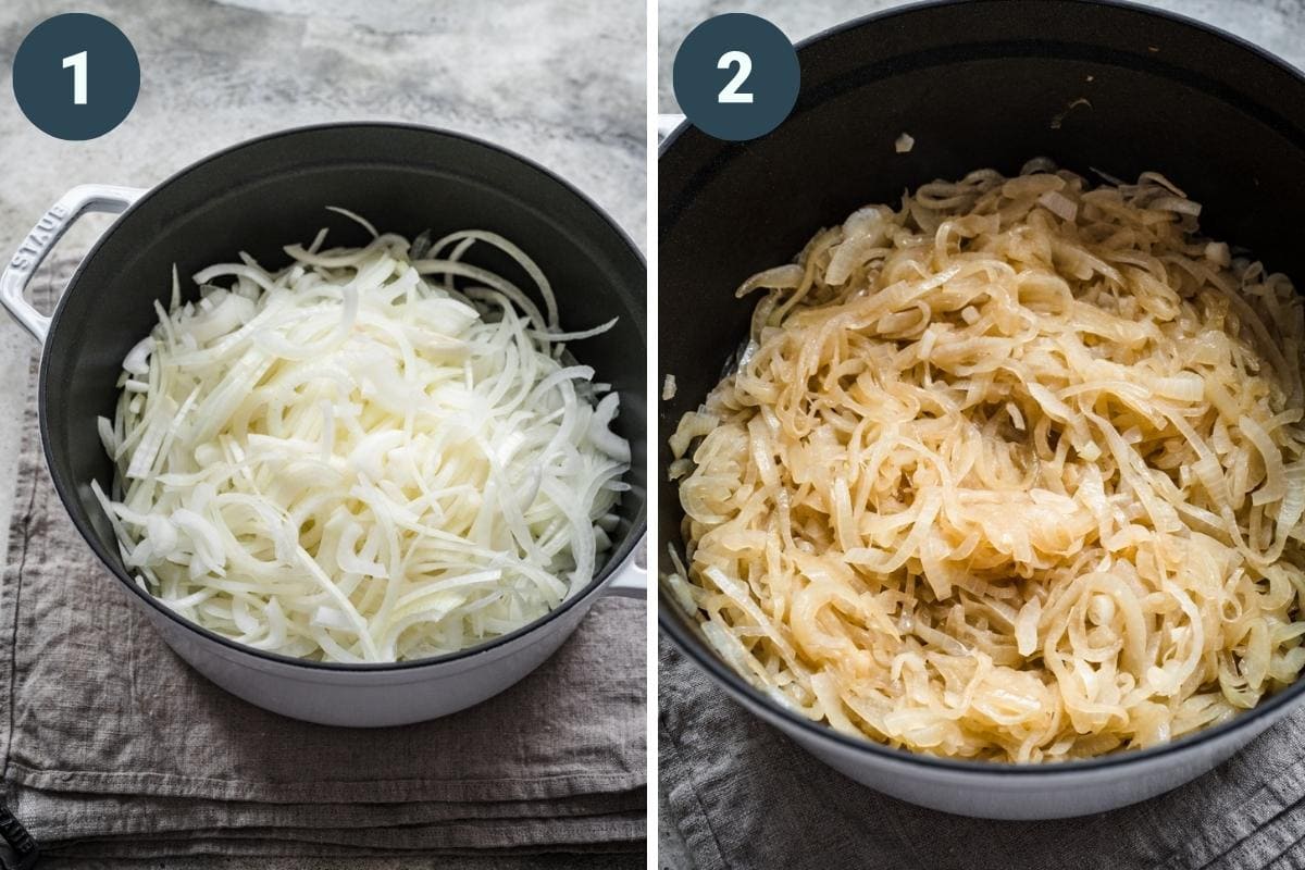 On the left: onions before cooking.
On the right: onions after cooking, they are slightly browned and softened.