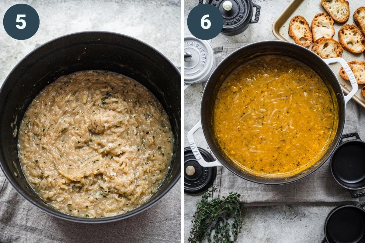 On the left: Soup before adding vegetable broth. On the right: soup after adding vegetable broth.