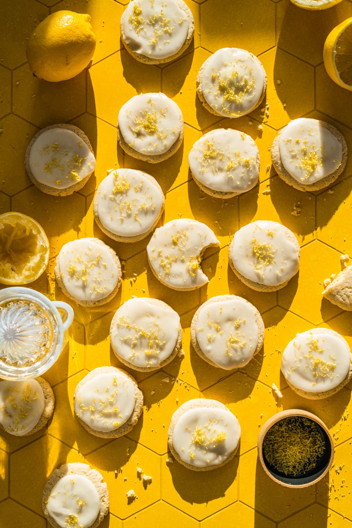 Overhead view of several finished lemon cookies.