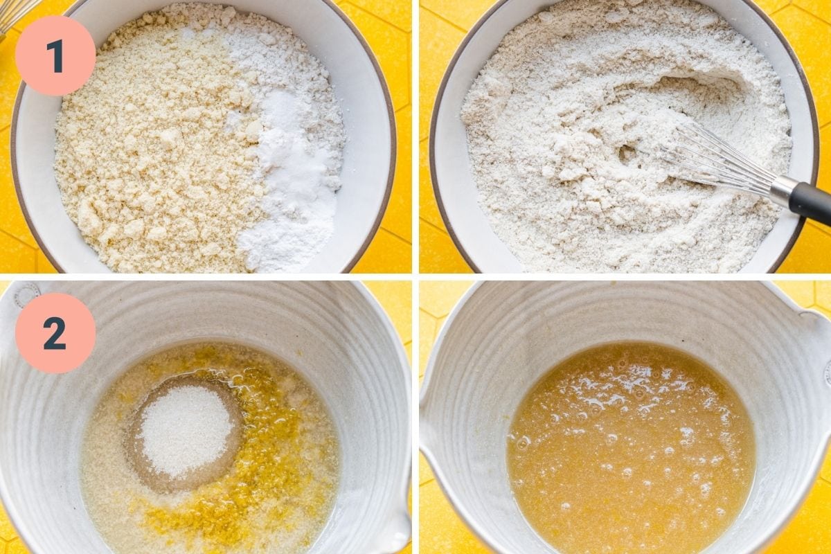 On the top: stirring together dry ingredients. On the bottom: stirring together wet ingredients.